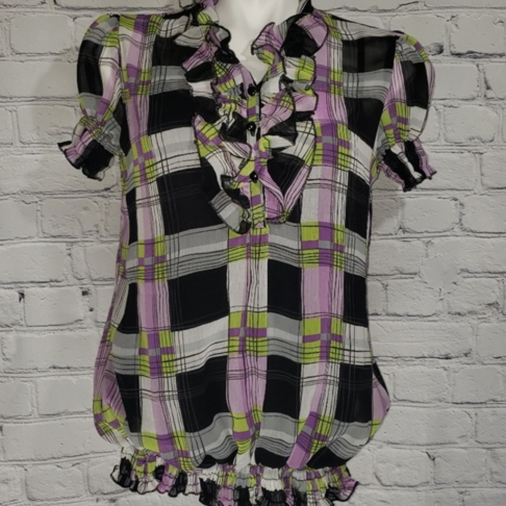 Maybe Black Cami Lined Sheer Ruffled Neck Top